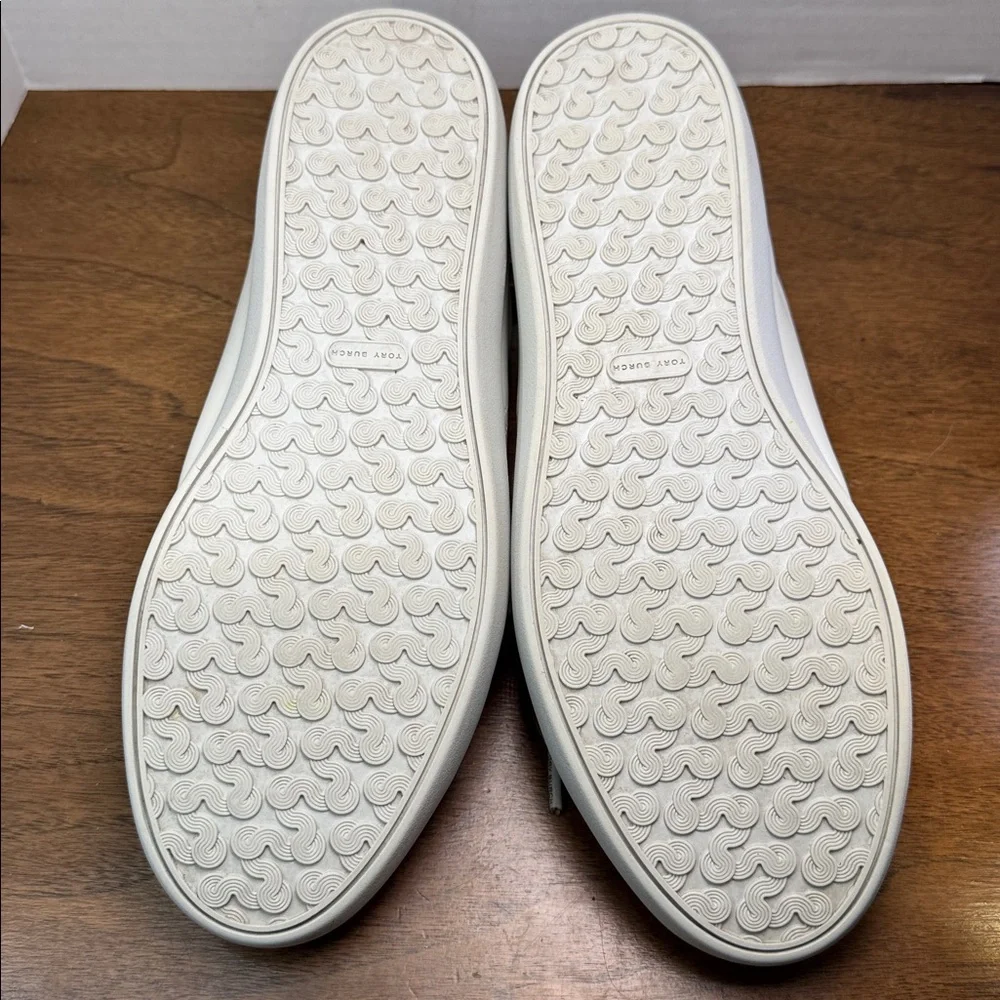 Tory Burch Leigh T-logo White Leather Sneakers w/ Perforated Logo, Womens sz 10
